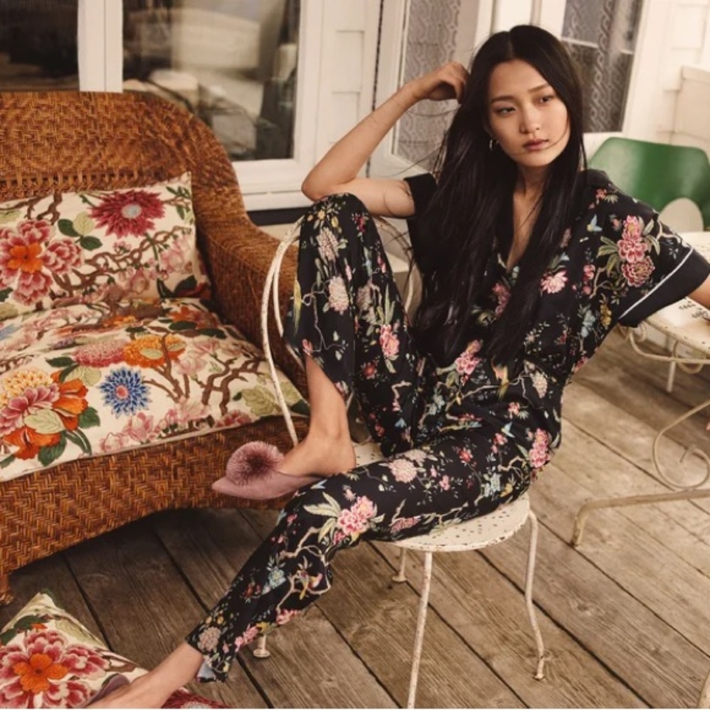 Floral Satin Wide-Leg Jumpsuit - Black Pink